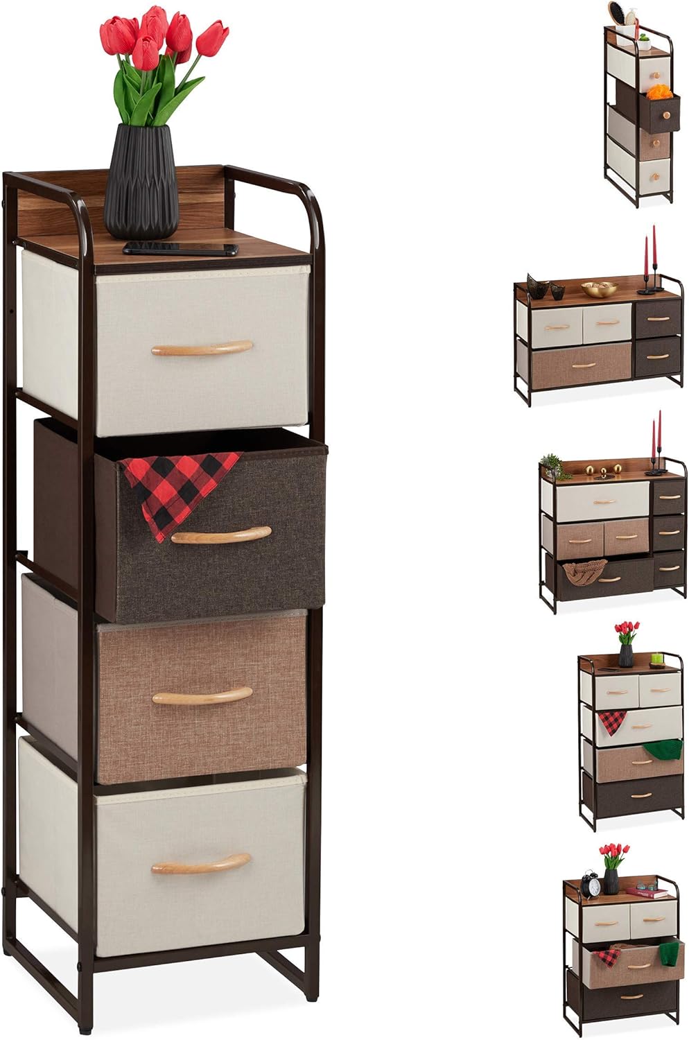 Relaxdays Dresser, 4 Drawer Compartments, with Shelf, 4 Folding Baskets, Fabric, Steel Frame, 99.5x31x31.5 cm, Brown