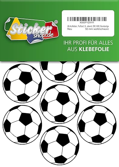 28 Aufkleber, Fußball, Sticker, 50 mm, weiß/schwarz, aus PVC, Folie, bedruckt, selbstklebend, EM, WM, Bundesliga