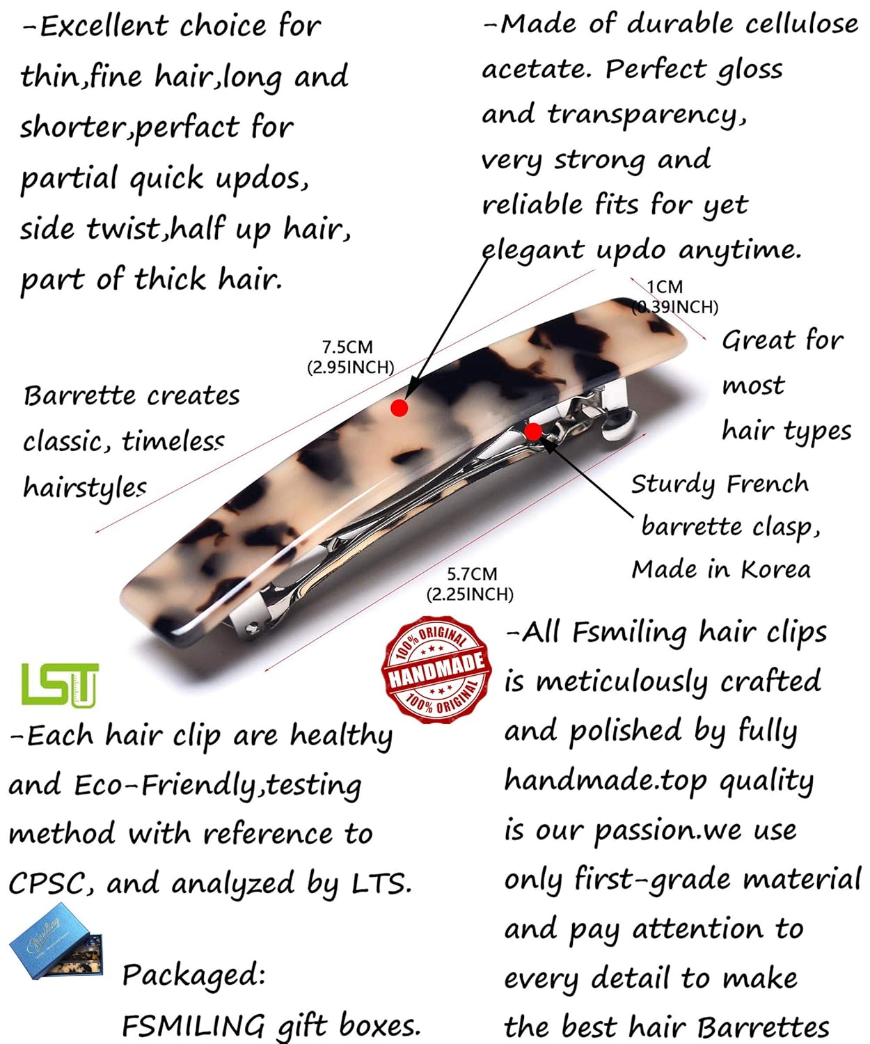 FSMILING Tortoise Shell Hair Barrettes Clips For Women, Celluloid Small Rectangular Automatic Hair Clip Barrette For Thin Hair, 3 Pieces/set : Beauty