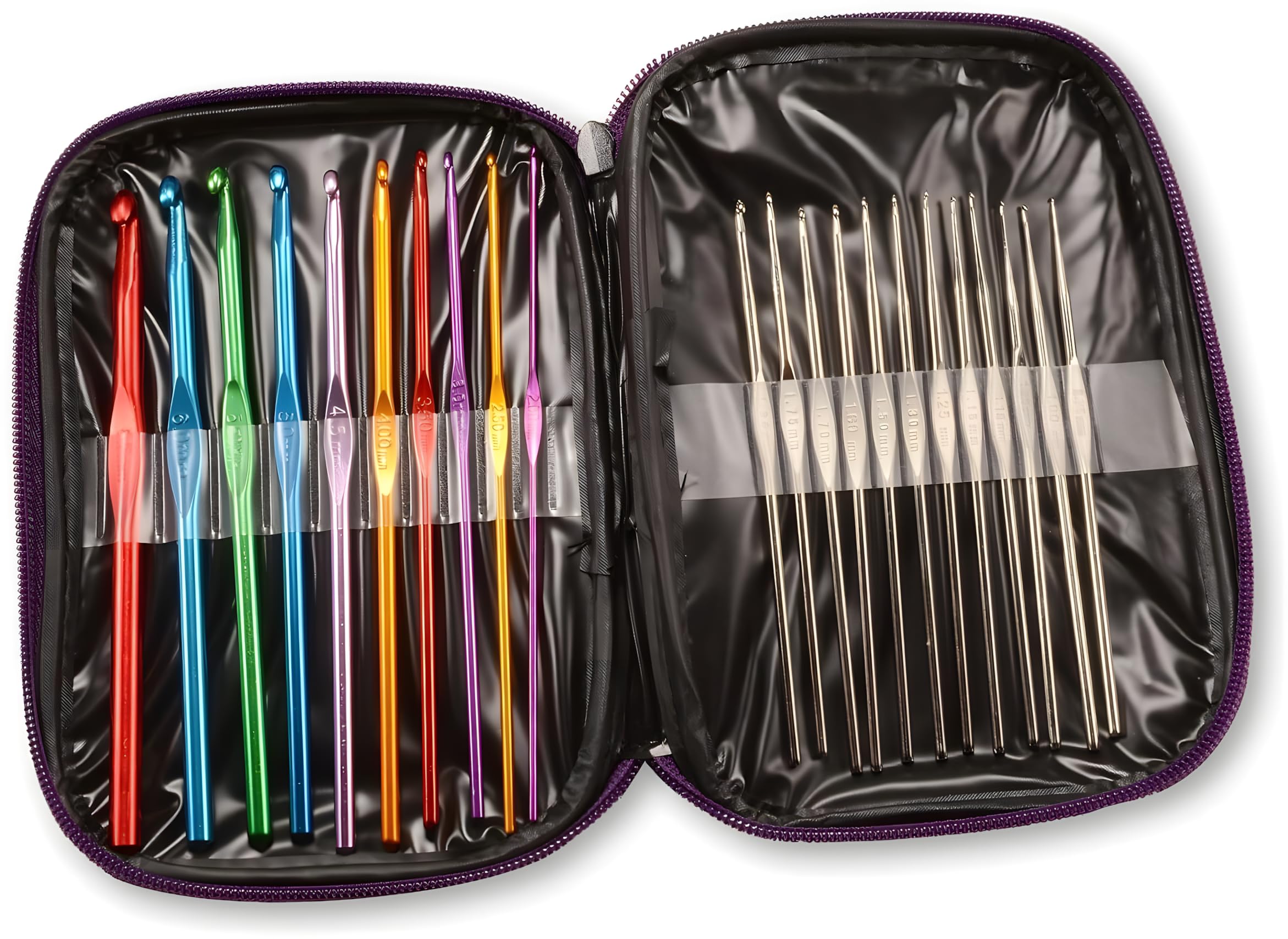 AKORD Pack of 22 Sizes Multi-Colour Aluminium & Steel Crochet Hooks Needles Yarn Weave Knit Craft Set in Case