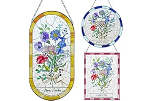 UIDMEN Personalized Birth Flower Stained Glass Window Hanging, Family Flowers Bouquet Sun Catchers, Home Decor Gifts for Wome
