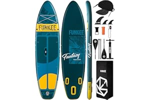 FUNKEE 11’×34"×6" Extra Wide Inflatable Stand Up Paddle Board, Sup Board with Removable Fins, Backpack, Floating Paddle, Safety Leash, Floating Phone Case for Adults & Youth of All Skill Levels