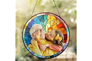 Custom Stained Glass Suncatcher for Grandma, Personalized Family Photo Gift for Grandparents, Heartfelt Memorial Ornament， Bi