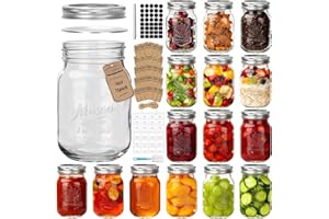 CycleMore 16oz Mason Jars, 15 Pack Embossed Glass Canning Jars with Lids and Bands, Overnight Oats Containers for Canning, Pi