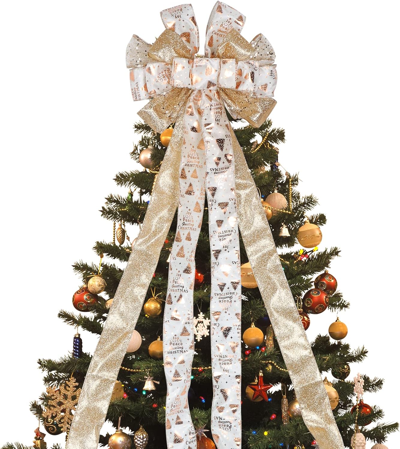 Bows & Ribbons - Christmas Tree Topper Bow, 13x53 Inch Large Christmas Bows with Streamer Wired Edge Xmas Ribbon, Decorative Bows for Christmas Tree Wreath Door Holiday Party Festival (Gold)
