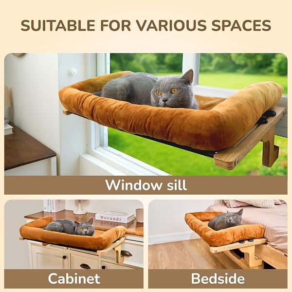 [READY TO GIFT] PURRHOUSE 45LBS CAT WINDOW PERCH WITH BOLSTER, HAMMOCK SEAT WITH PLYWOOD & METAL FRAME, CAT BED FOR WINDOWSILL, BEDSIDE AND CABINET (NATURAL WOOD & BROWN CUSHION, 24.8”W X 9.4”H)
