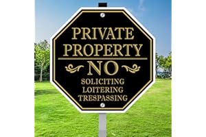 MONGFUN No Trespassing Signs Private Property, No Soliciting Sign for House, 10 x 10 Inches No Loitering Aluminum Metal Signs with 28 Inches Long Stakes for Outdoor Yard (Black/Gold, 10 x 10 inches)