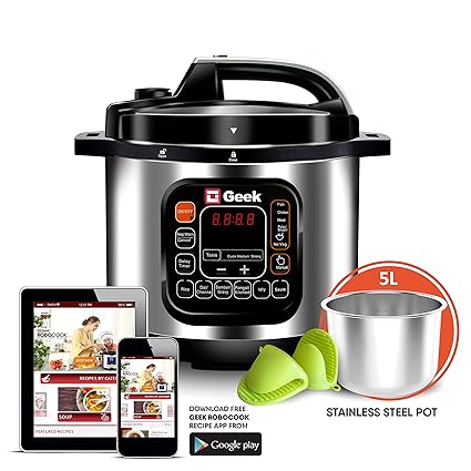 Geek Robocook Automatic 5 Litre Electric Pressure Cooker with 11 in 1 Function, Feather Touch Preset Menu (Stainless Steel Pot, Black)