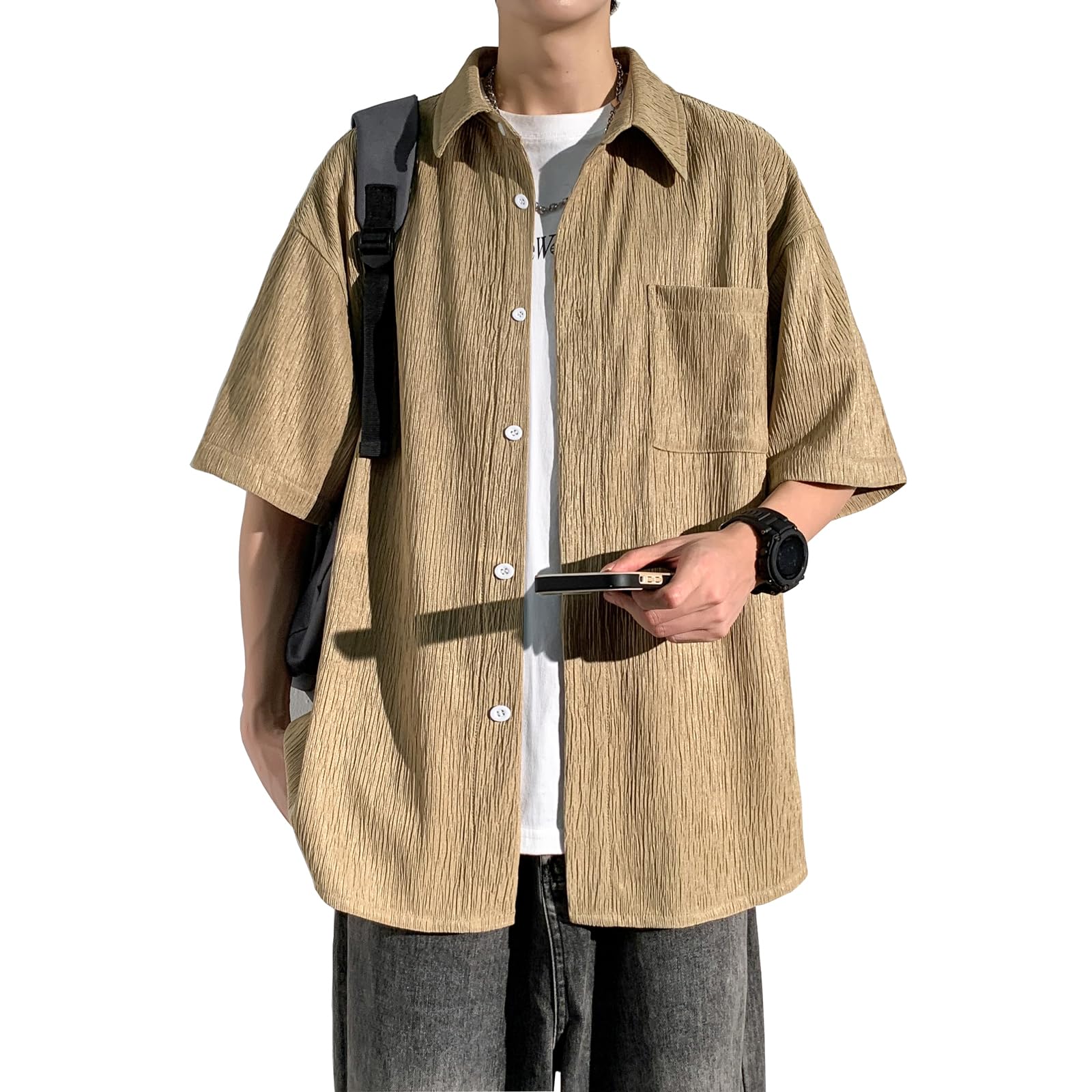 [FUZHIHUA] シャツ メンズ 半袖 凹凸 ストライプ カジュアルシャツ 通気性 襟付き 無地 開襟 ゆったり 夏服 大きいサイズ リラックスフィット の商品画像