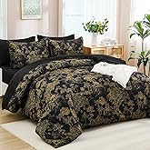DJY Black Comforter Set Queen, 7 Pieces Black and Gold Botanical Comforters Bed in a Bag Queen Size Elegant Plants Print Bedding with Comforter, Flat Sheet, Fitted Sheet, Pillow Shams Pillowcases