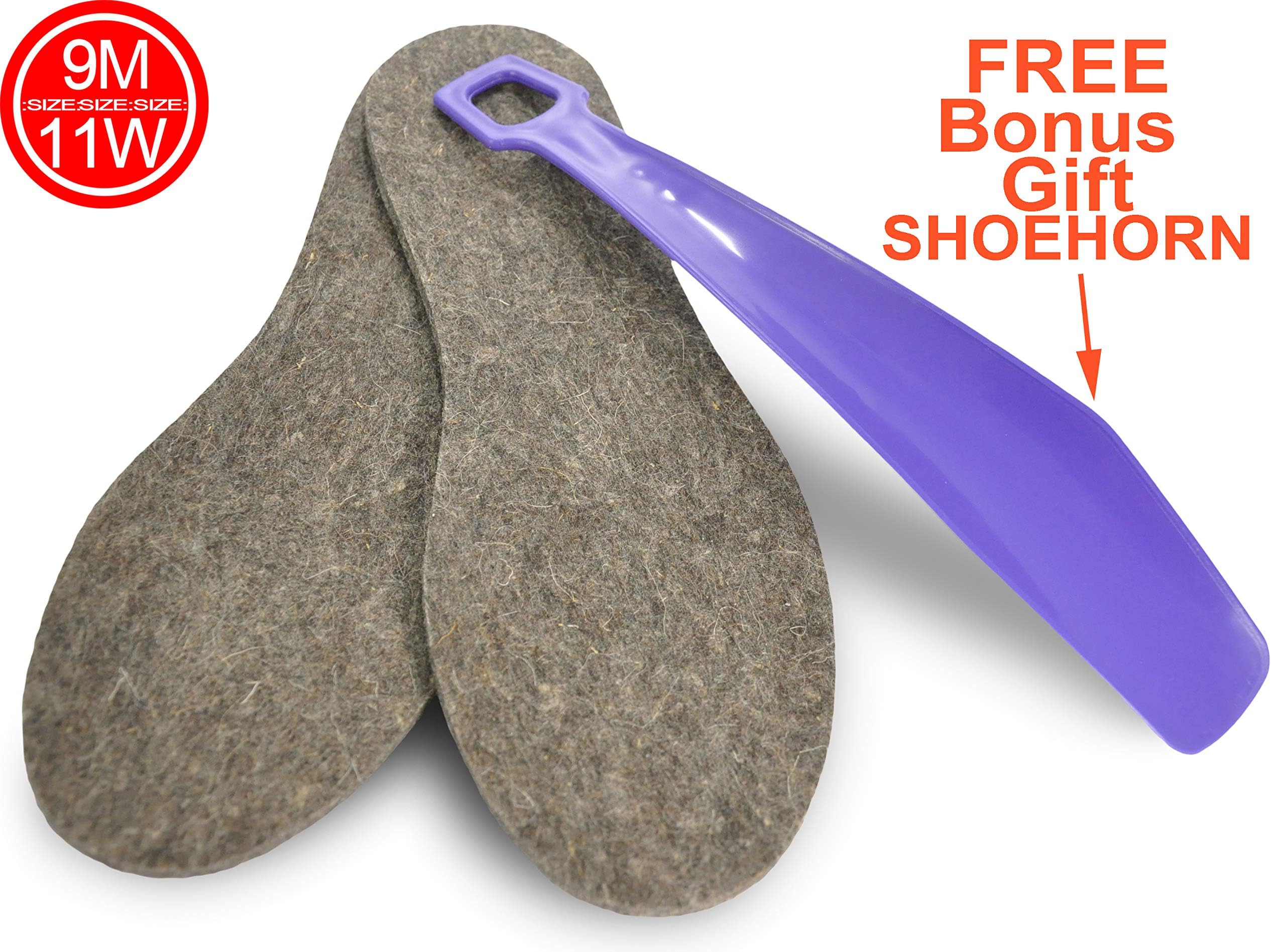 Natural Replacement Felt Insoles Size 9M & 11W for Women & Men one Unisex Pair 6mm Thick Boot Wool Inserts Best feet Care and Footwear Support for Outdoors Comes with Blue Shoehorn 804273