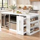 LVB 71" Large Kitchen Island with Storage and Seating, White Faux Marble | Stationary Counter Island Table with Seating for 4, Pull-Out Rolling Cart, Mini Fridge or Trash Bin Bay, Outlets &amp; Led Light