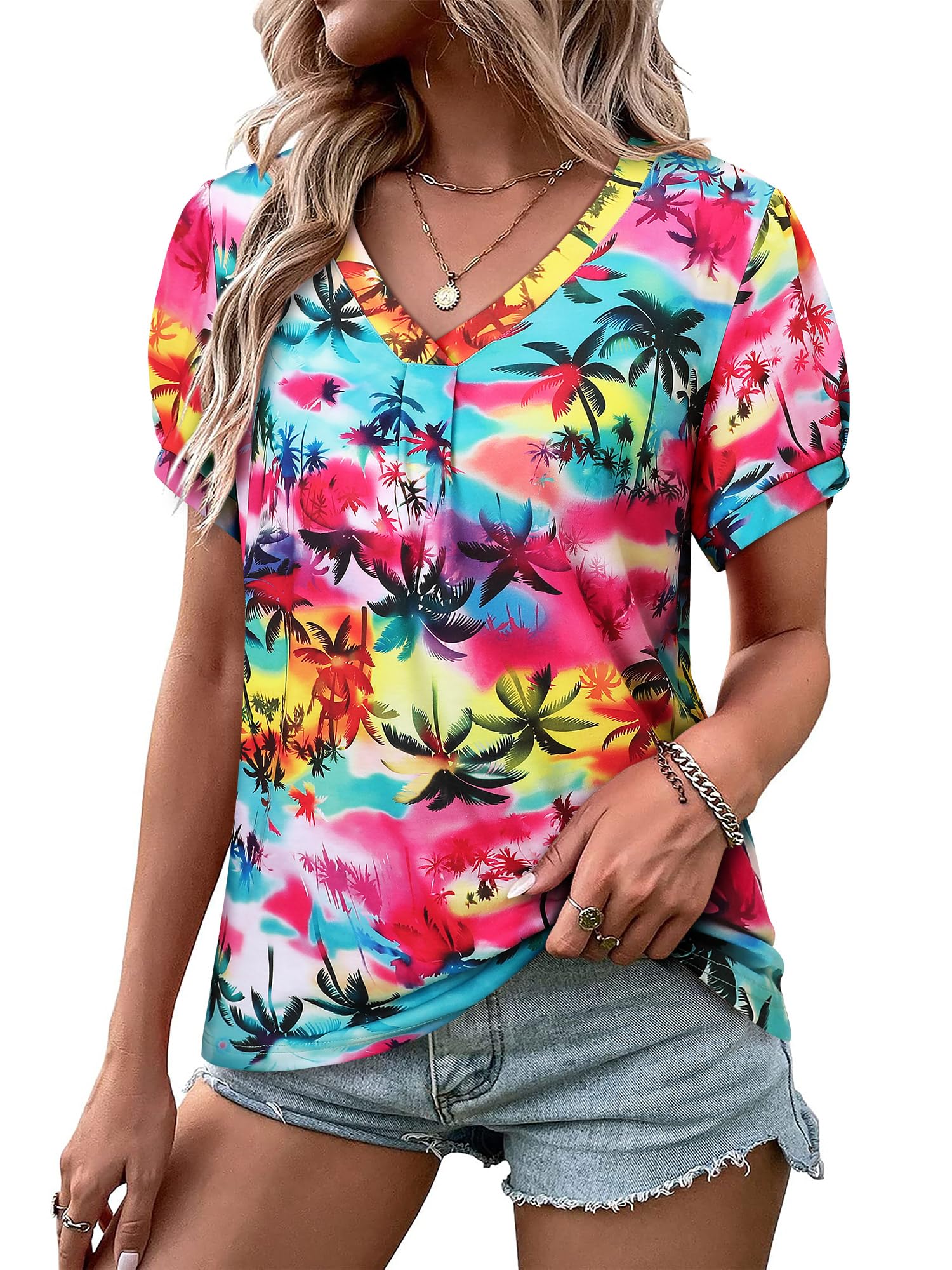 Womens Short Sleeve Hawaiian Shirts Floral Tropic Printed Pleated V ...