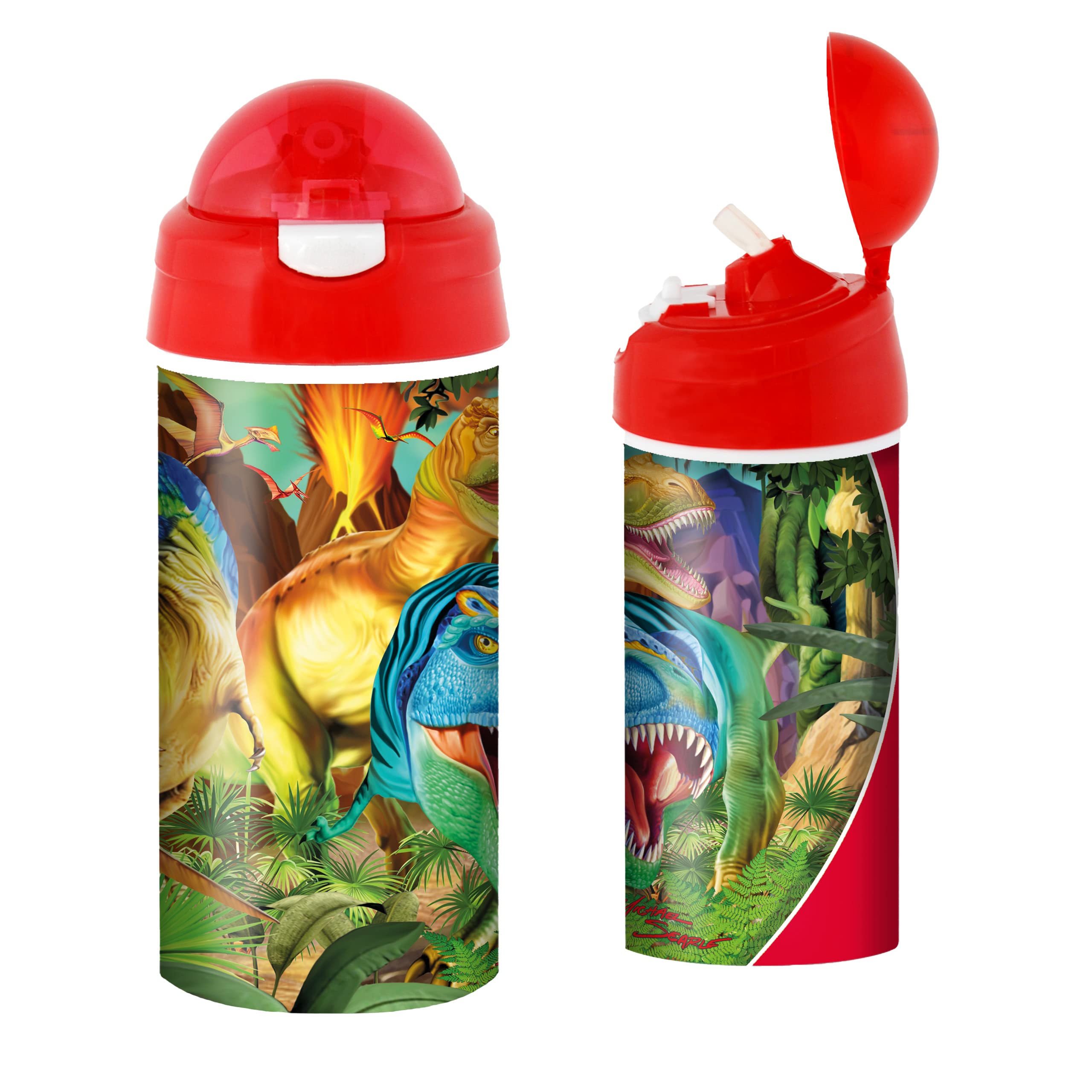 3D LiveLife Drinking Bottle - Dino Smiles from Deluxebase. 3D Lenticular 600ml BPA Free Reusable Red Water Bottle with Straw and Flip Top Lid. Leak Proof Jurassic Drinks Bottles with Dinosaur Design.