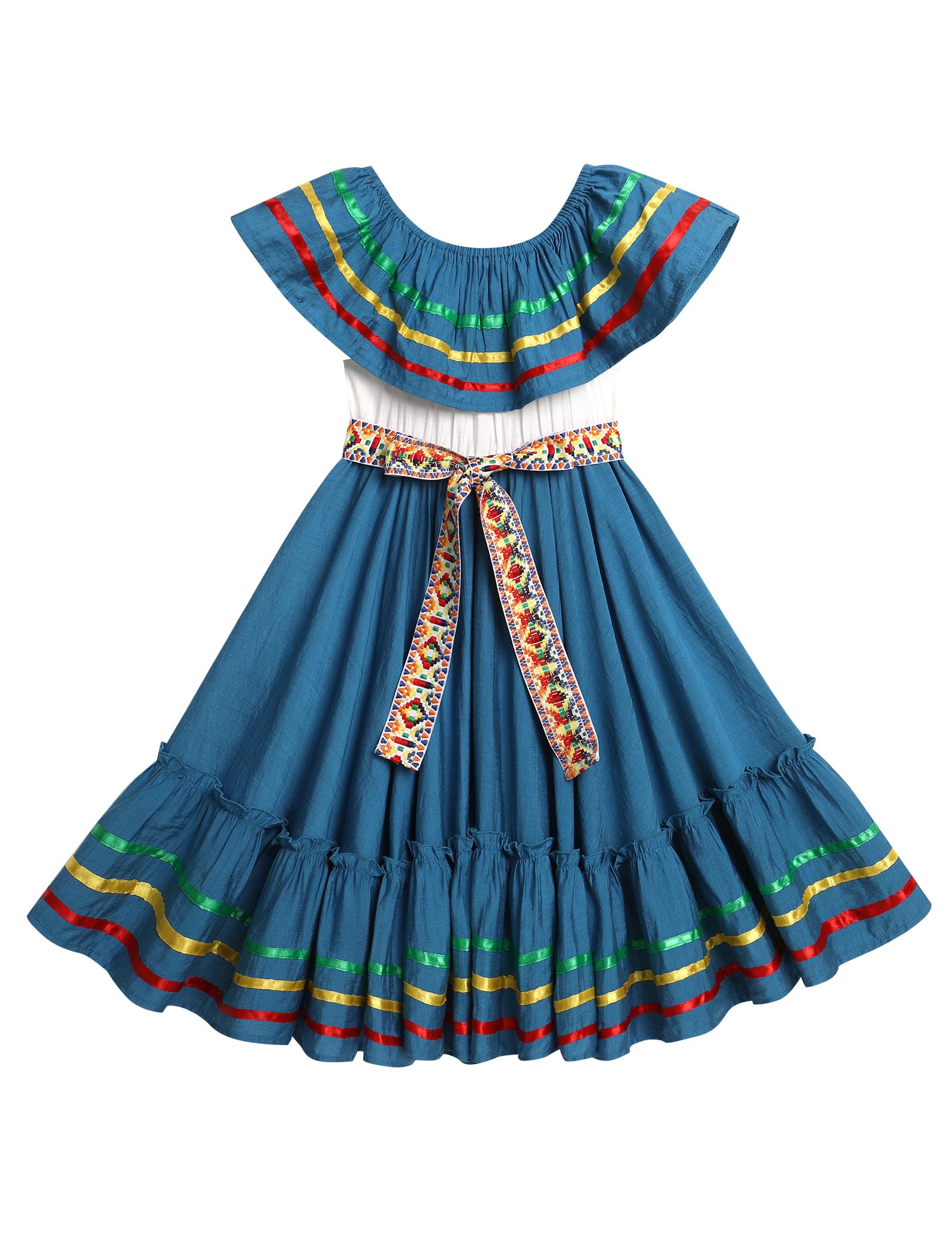 Photo 1 of Mexican Dress for Girls Floral Embroidered Traditional Mexican Folklorico Dress Toddler Cinco de Mayo Fiesta Party Dresses Blue 9-10 Years