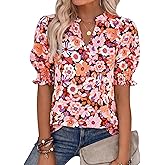 BTFBM Summer Blouses for Women Dressy Casual 2026 Fashion Spring Tops Floral Boho V Neck Puff Short Sleeve Top Shirts