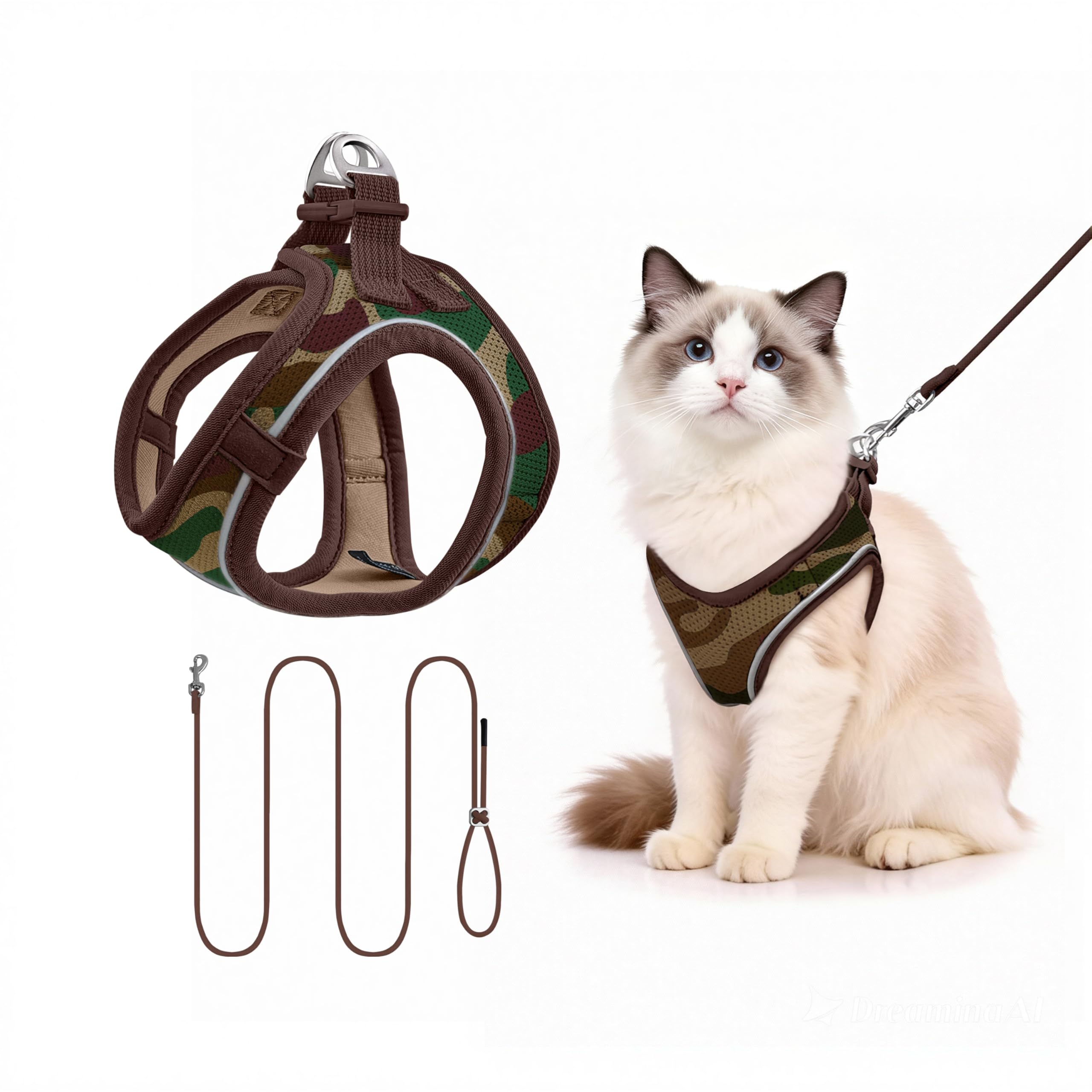 Qianruida Harness and Leash for Cat or Puppy - Adjustable Set in Soft Nylon, Secure Comfort for Walking, Training, Outdoor, Small Animals, Easy to Put On and Take Off, Camouflage, S