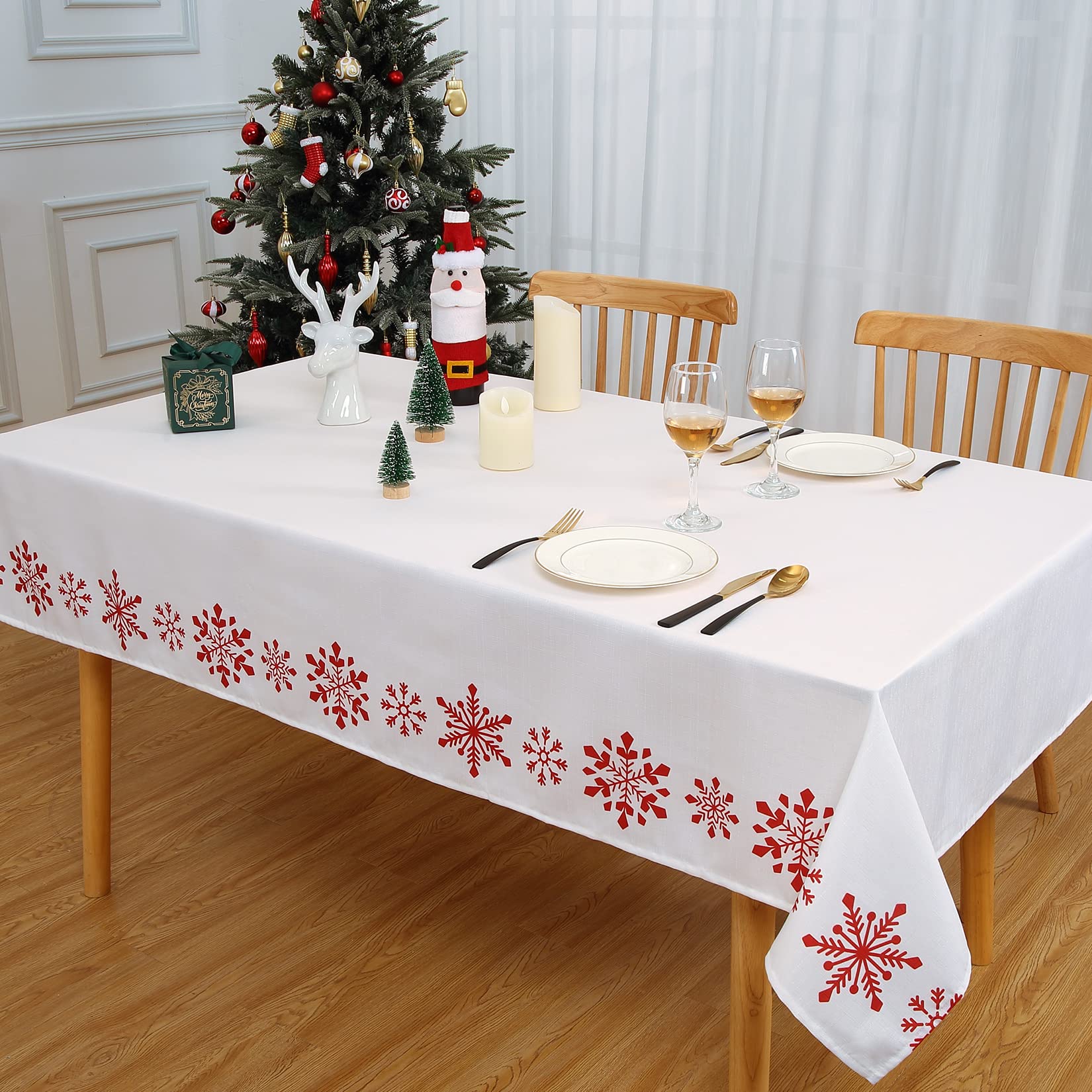 Hapterouse Christmas White Table Cloth Rectangular Wipe Clean Polyester Tablecloth with Snowflakes Pattern Water Resistant Dining Table Cover Christmas Table Decoration 54x79 Inch
