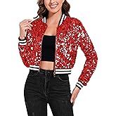 Anna-Kaci Women's Sparkly Sequin Cropped Jacket Long Sleeve Zipper Up Party Club Bomber Jacket