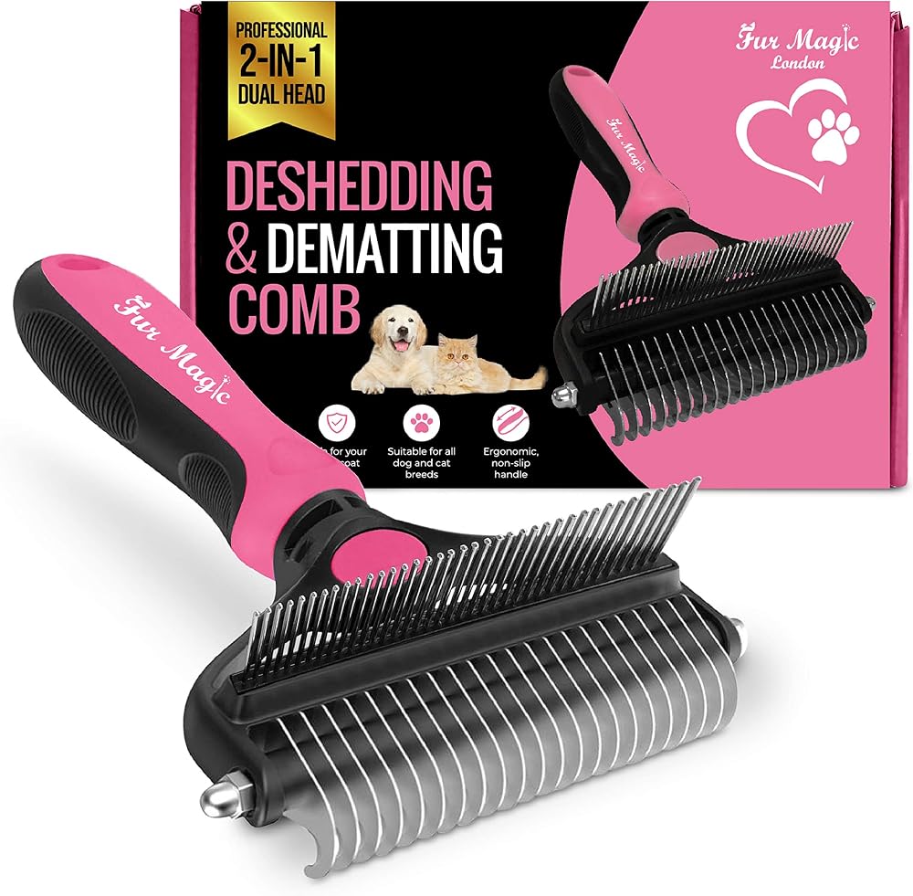 Fur Magic Deshedding and Dematting Comb Dual Sided Pet Grooming Brush Pink