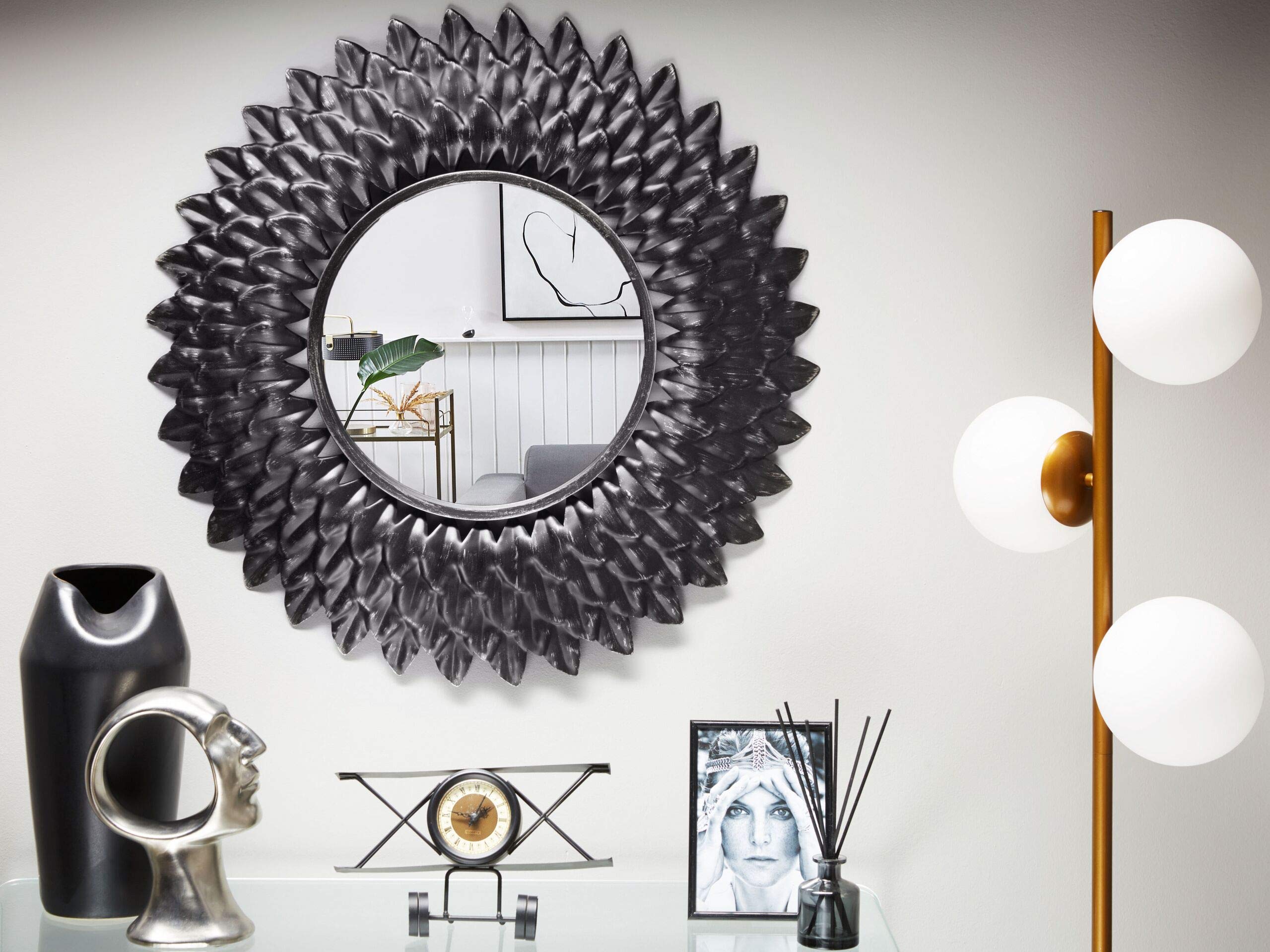 Beliani Wall Mirror Retro Vintage Silver Round Ornate Living Room