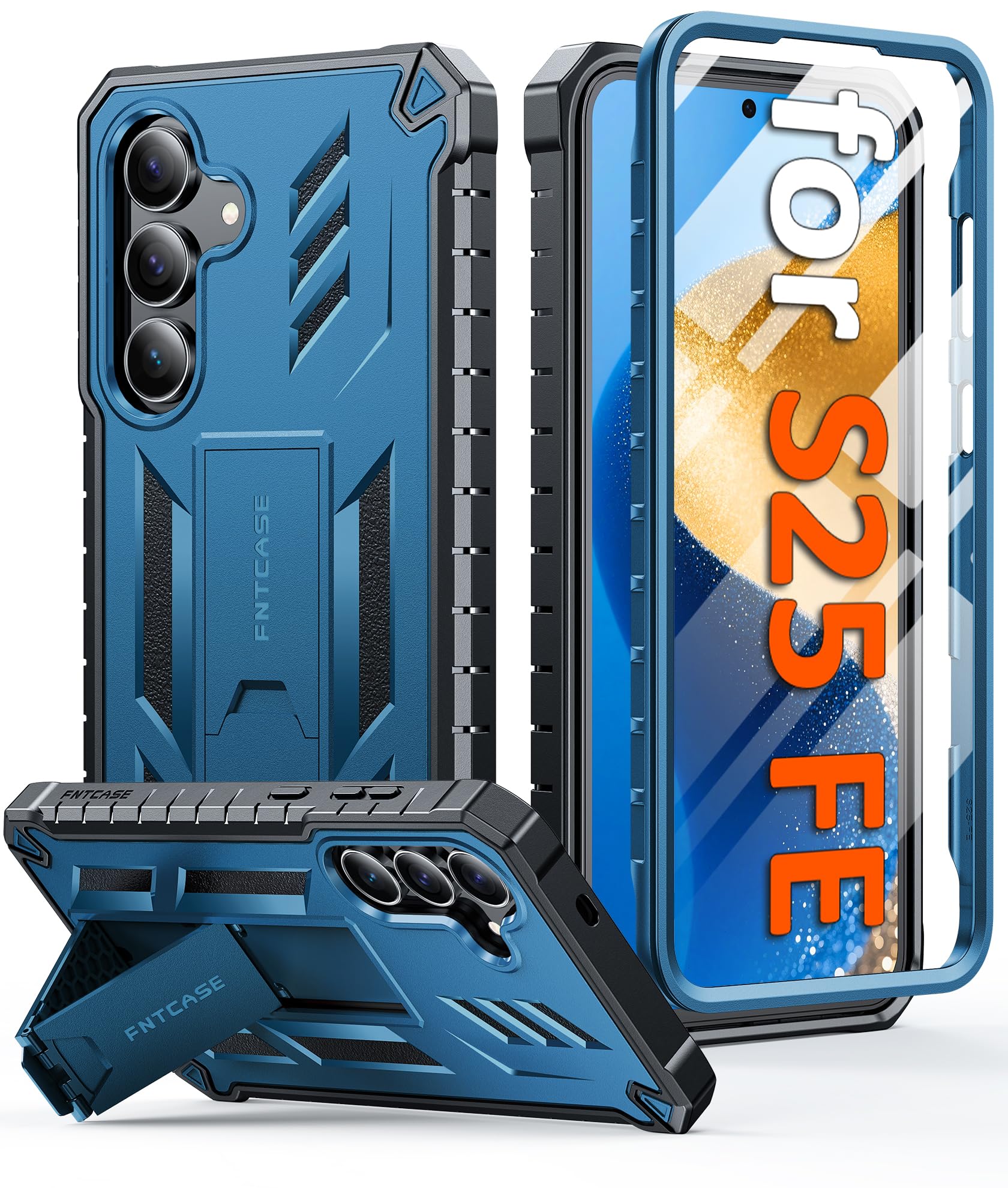 Photo 1 of FNTCASE for Samsung Galaxy S25-FE Case: with [Built-in Screen Protector & Kickstand] [Military-Grade Drop Protection] Heavy Duty Protective Full Body Shockproof Rugged Sturdy TPU Phone Cover Blue