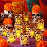 Tuanse 24 Pcs Day of The Dead Paper Luminaries Black Candle Holders | Sugar Skull Cutout Lampshades for Dia De Los Muertos Altar, Memorial Table Centerpieces, Fits LED Tea Lights or Votives