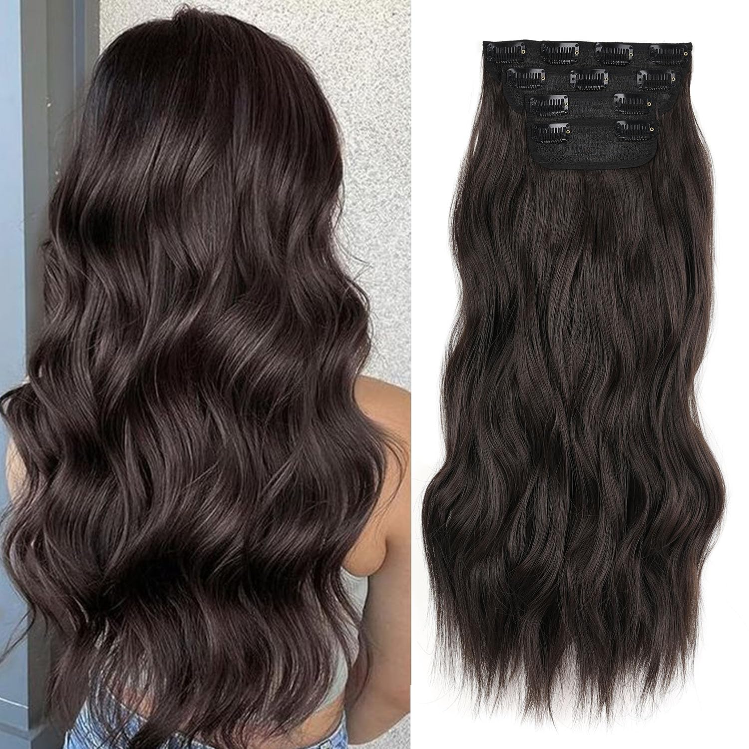 Mscat 16 Inch Wavy Clip-in Hair Extensions - Dark Brown Synthetic Hair Pieces, 4PCS Full Head Set, Thick Curly — image 1