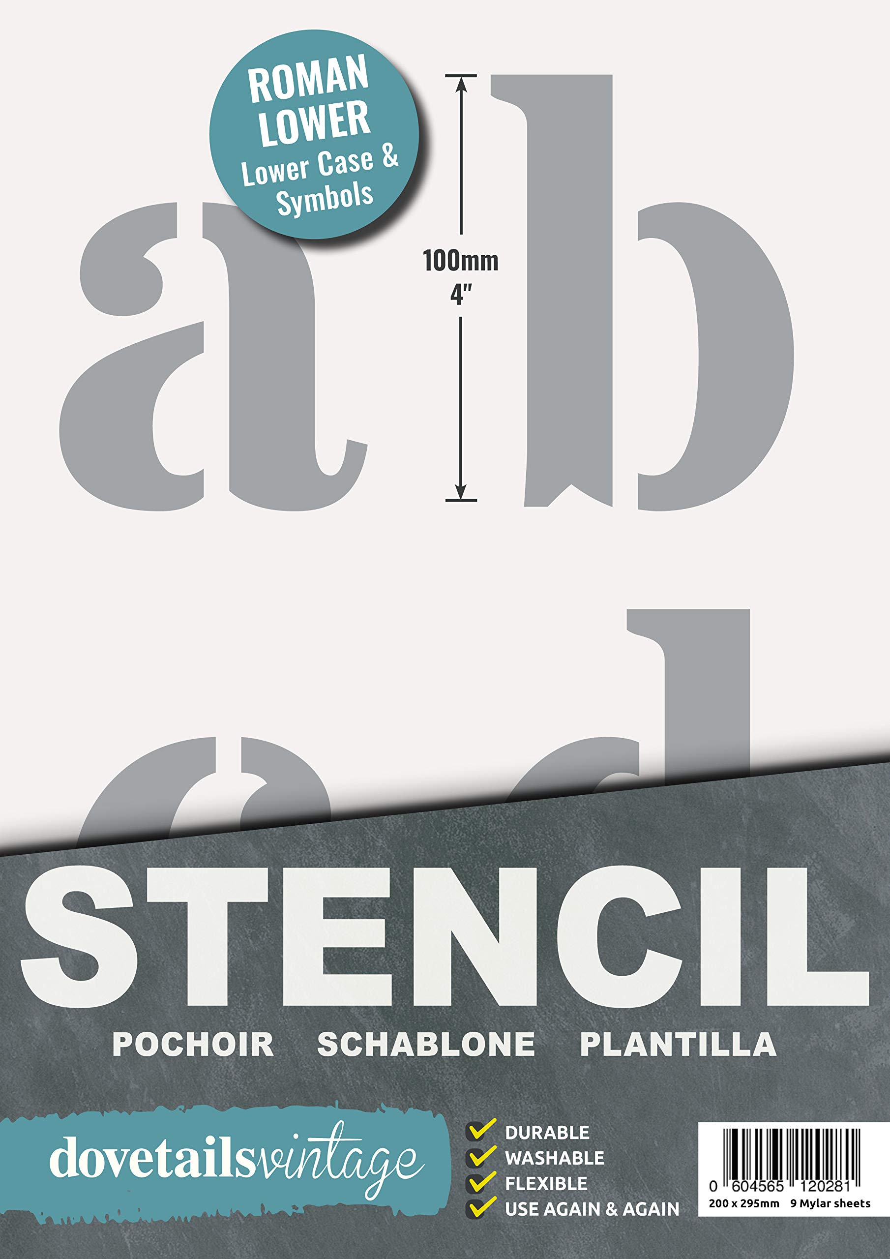 Dovetails Vintage Letter Stencil 100 mm Tall Roman Style Lower Case Letters and Symbols.