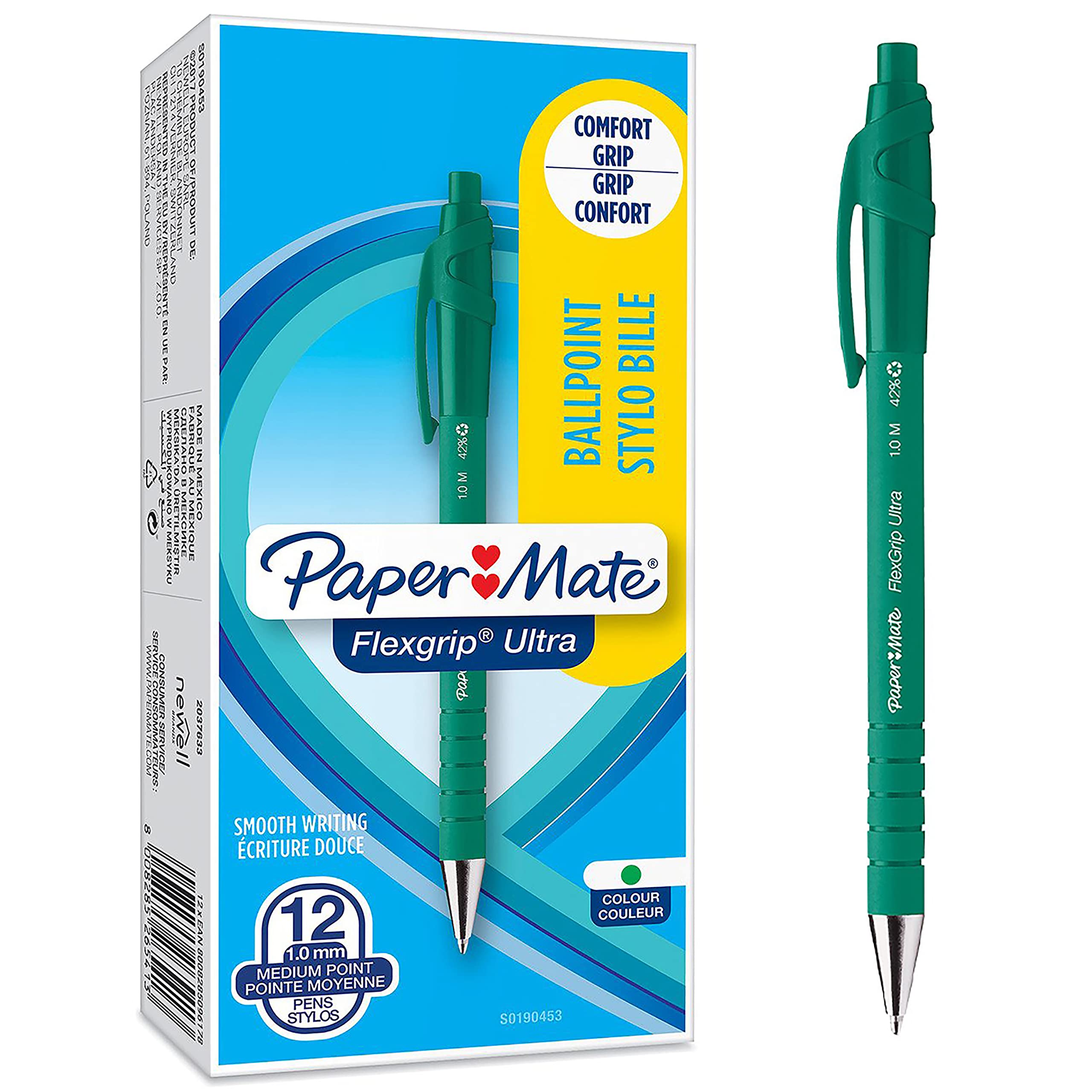Paper Mate Flexgrip Ultra Retractable Ballpoint Pens | Medium Point (1.0mm) | Green | 12 Count