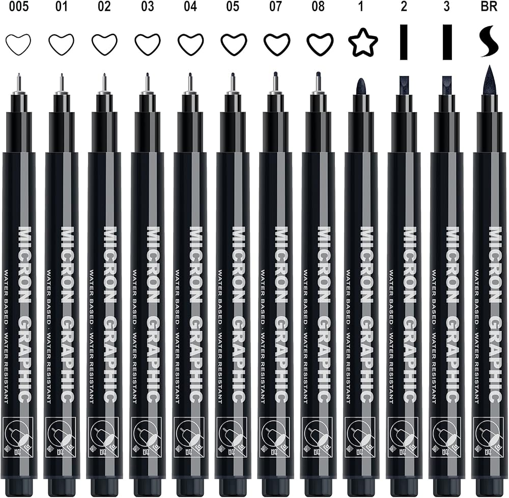 AKARUED Black Fineliner Pens 12 Pack Sketch Drawing Set Waterproof Micron Liner