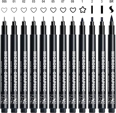 AKARUED Black Fineliner Pens 12 Pack Sketch Drawing Set Waterproof Micron Liner