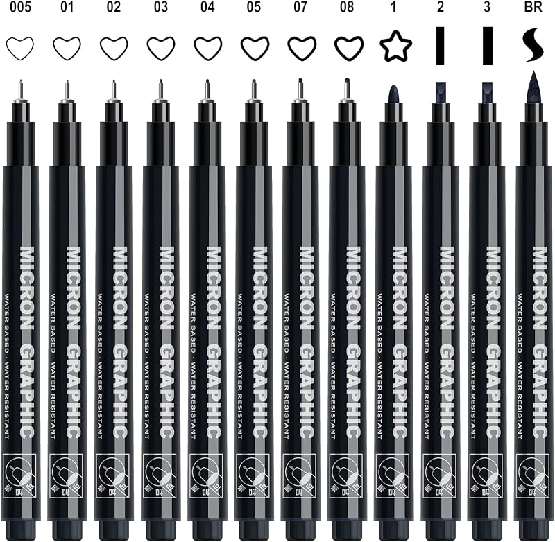 AKARUED Black Fineliner Pens 12 Pack Sketch Drawing Set Waterproof Micron Liner