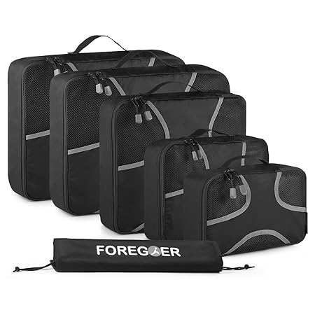 FOREGOER 6-teiliges Set Kleidertaschen Packtaschen Kofferorganizer Reisetaschen mit Wäschebeutel - Schwarz