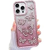 LSL Glitter Case for iPhone 16 Pro Max, Cute 3D Butterfly Pattern Design, Sparkly Camera Protection, Bling Plating Luxury Rhinestone Soft Slim Cover for Women Girls,Pink