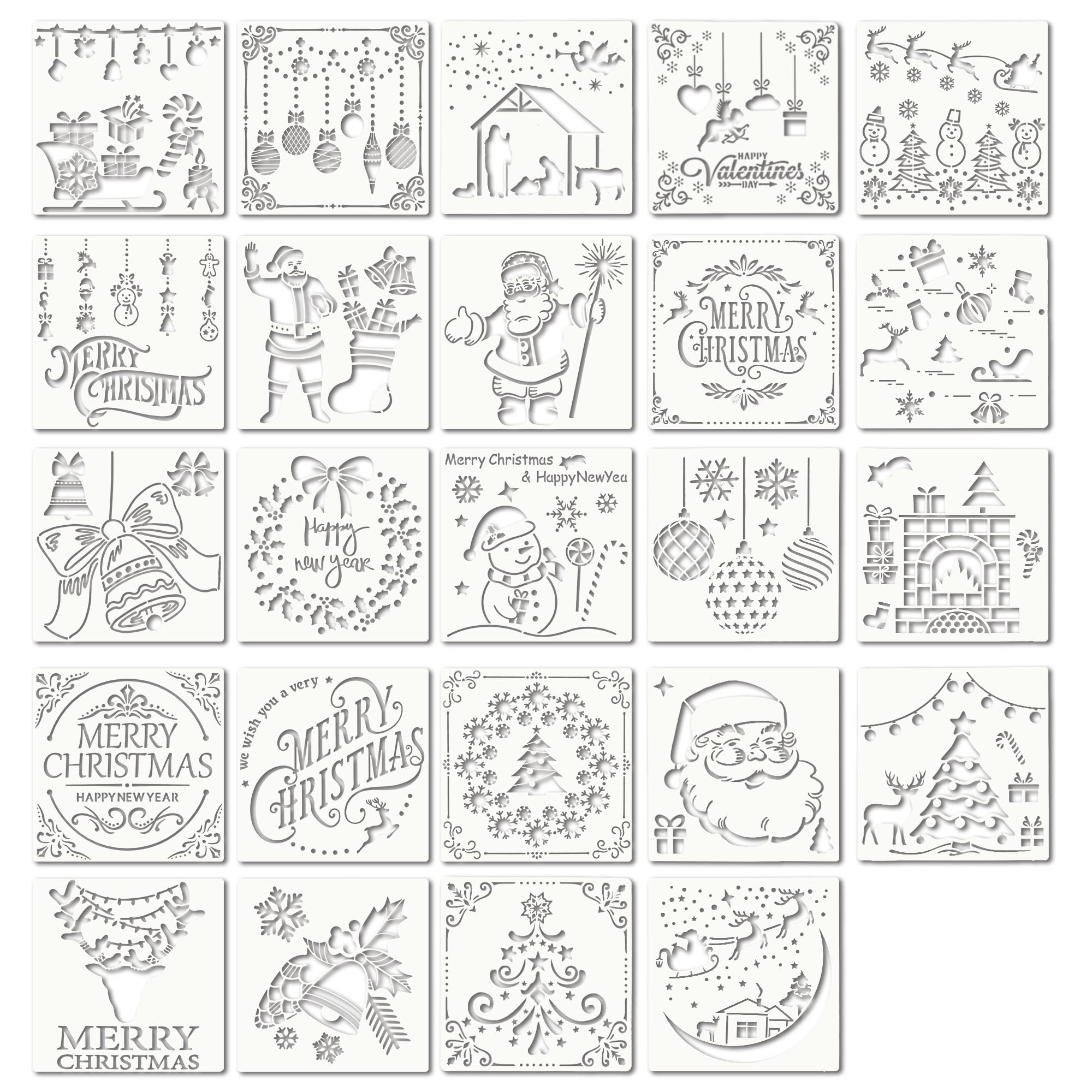 24 Pieces Christmas Stencils Template Reusable Plastic Craft Painting Stencils for Painting Drawing Spraying Journal Template, Wood, Rocks and Walls Art, Christmas Card DIY Projects (Classic Pattern)