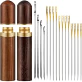 WILLBOND 24 Pcs Self Threading Sewing Needles Sets Large Gauge Needle Hand Sewing Needle Embroidery Needles with Wooden Case for Knitting Mending DIY Handsewing Art Crafts
