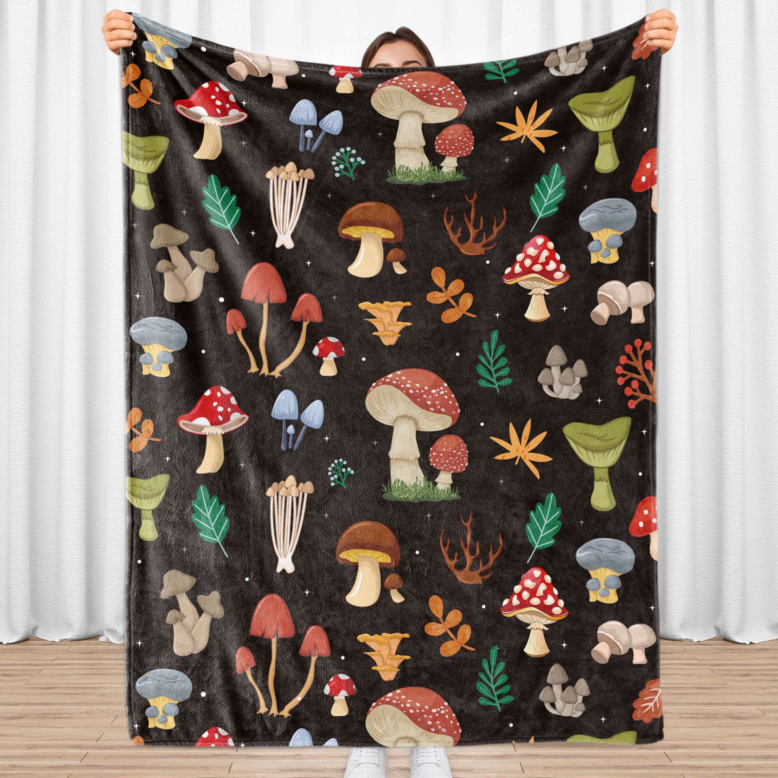 Sowide Mushroom Blanket, Soft Lightweight Mushroom Decor Flannel Blanket, Black Cozy Fuzzy Plush for Adults & Teens, Sofa, Bed, Living Room, Office, 50"x60"