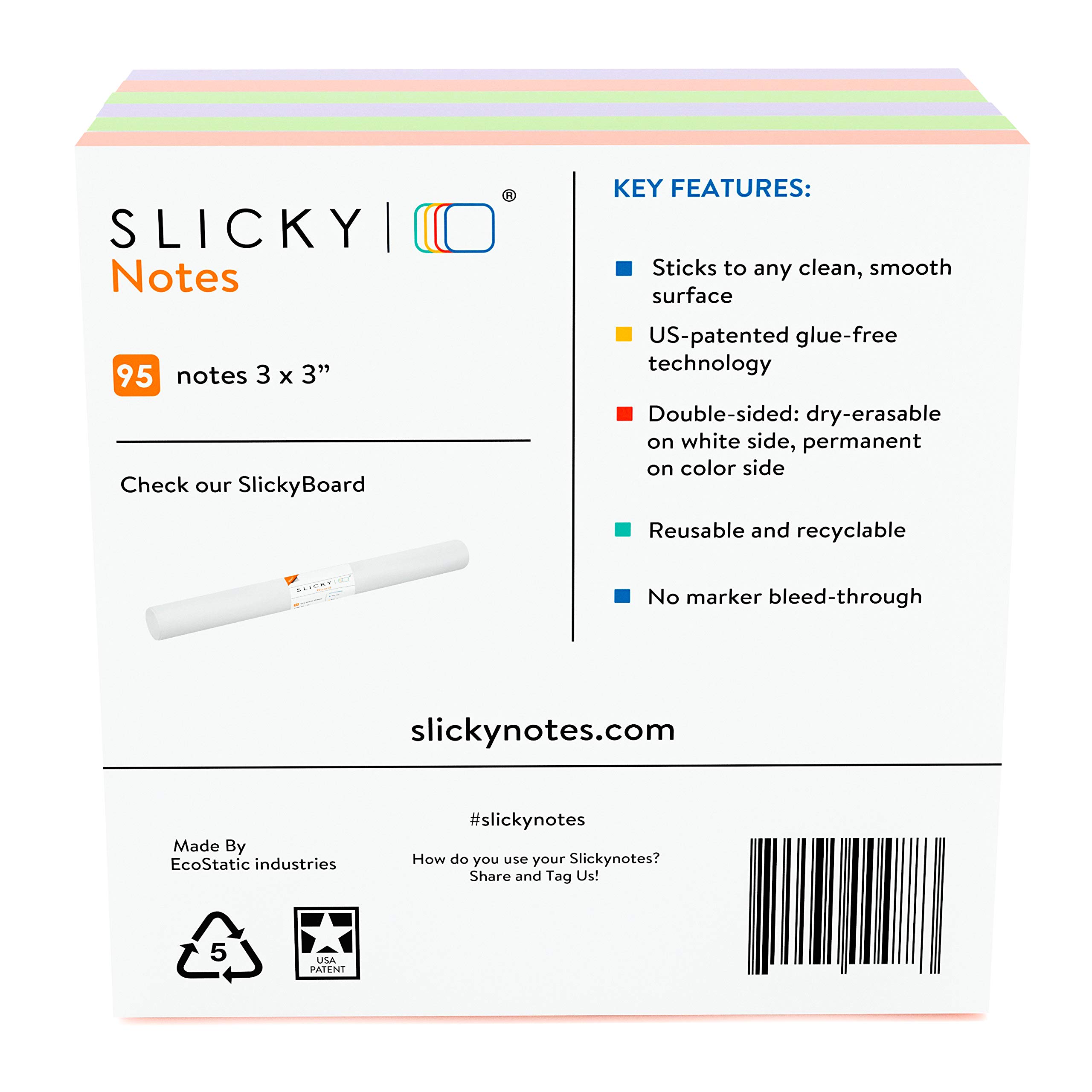 SlickyNotes Reusable Double Sided Notes: 3x3 Inch Glue Free, Static Charged, Dry Erasable, Slideable, Eco-Friendly Paper Pads in 6, 12, and 24 Pack