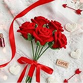 Zeyune 5 Pcs Handmade Crochet Rose Bouquet, Knitted Eternal Roses Flower, Galentine's Day & Valentine's Day Gift for Her, Anniversary Birthday Romantic Decor (Red)