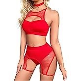 Lucky2Buy Rave Outfits for Women Festival Fishnet Lingerie Set Booty Shorts 3Pcs Babydoll Cutout Nightwear with Choker