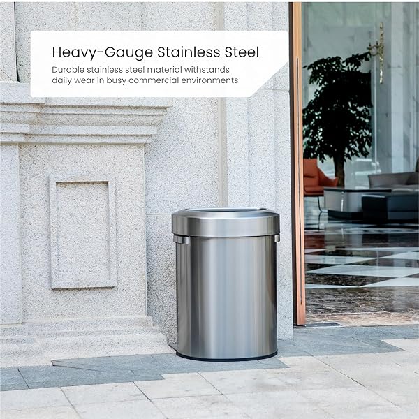 HOME ZONE LIVING 18 GALLON OPEN TOP TRASH CAN FOR COMMERCIAL AND OFFICE USE, SEMI-ROUND FLAT BACK DESIGN, SILVER, 68 LITERS