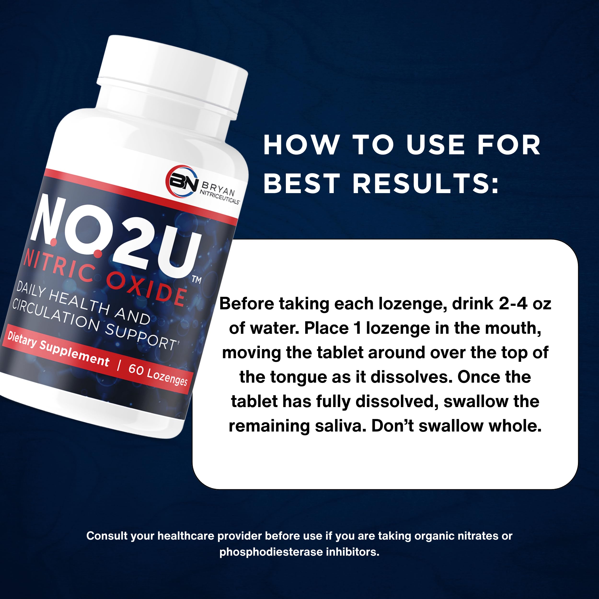 NO2U Bryan NITRICEUTICALS - Natural Nitric Oxide Supplements for Men & Women - Promotes Blood Circulation, Oxygen & Nutrient Delivery, Daily Wellness Support - No Gluten or Dairy - 60 Vegan Lozenges