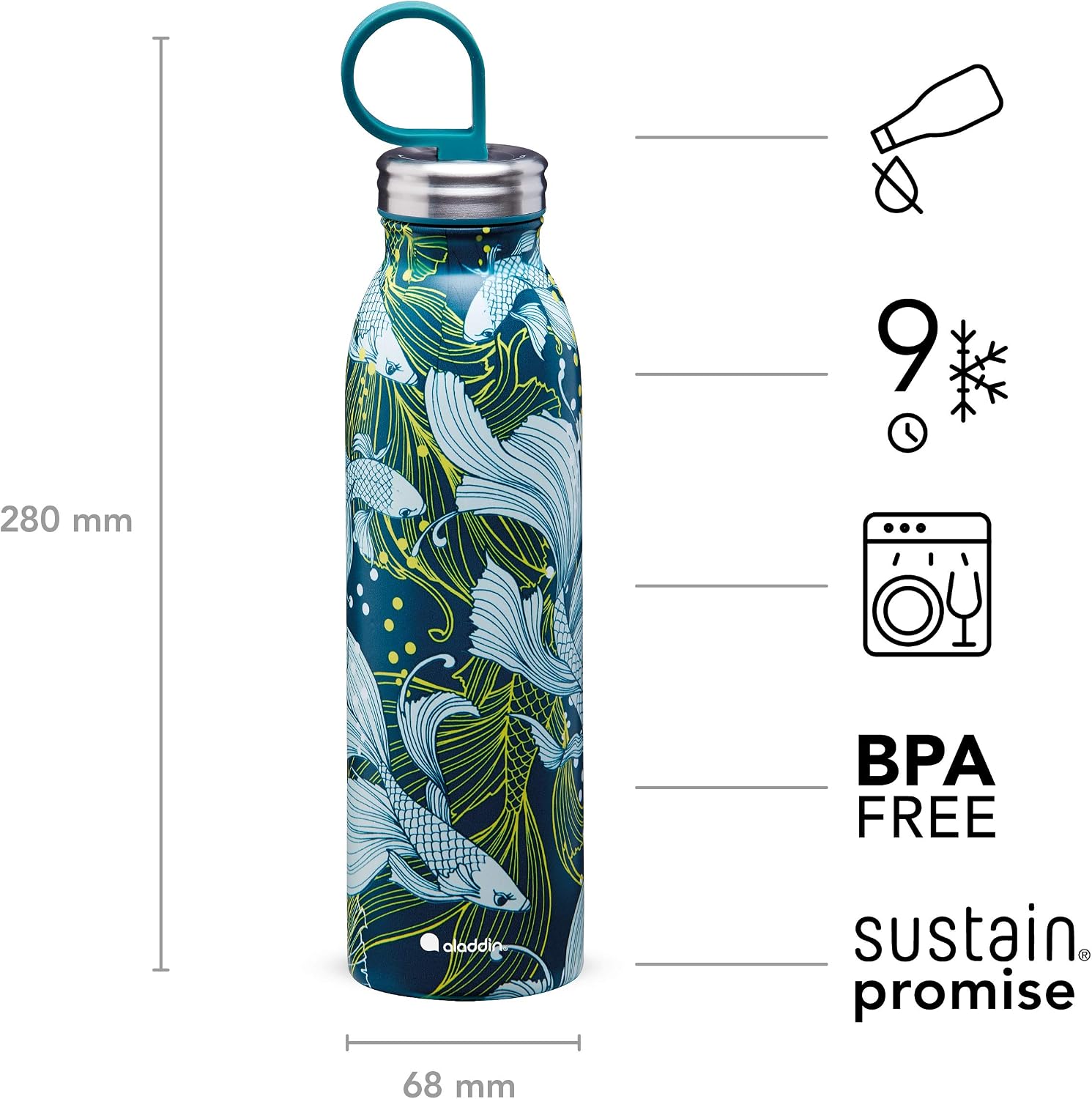 Aladdin Chilled Thermavac Stainless Steel Water Bottle 0.55L Goldfish Green, Insulated Metal Water Bottle - Image 4