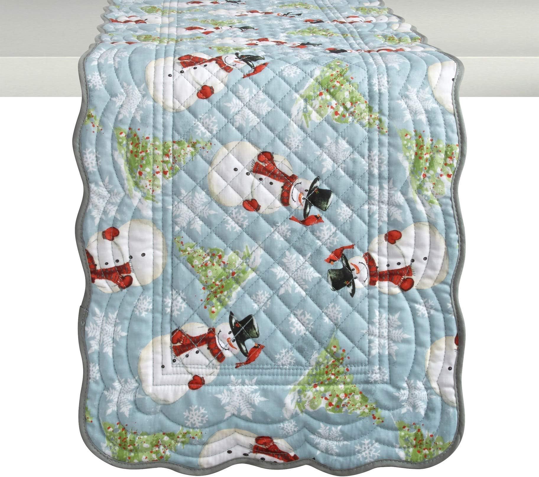 Nantucket Home Light Blue Christmas Snowman & Trees Quilted Table Runner, 72" L x 13" W