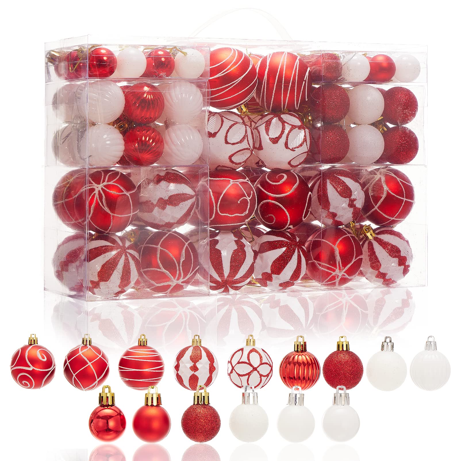 View 1 of 100Pcs Elegant Christmas Balls Set Christmas Tree Ornaments with Glitter and Patterns Bulk Ornaments for Tree as Festive Christmas Decor Xmas Ball Set Red White