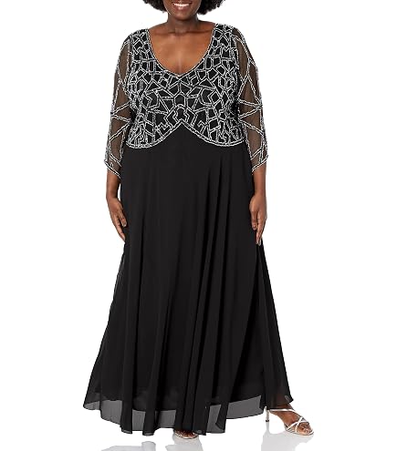 j kara plus size formal dresses Women's 3/4 Scallop Beaded Pop Over Gown Special Occasion Dress, Blush/Mercury, 18W : Clothing, Shoes & Jewelry burning man night outfit
