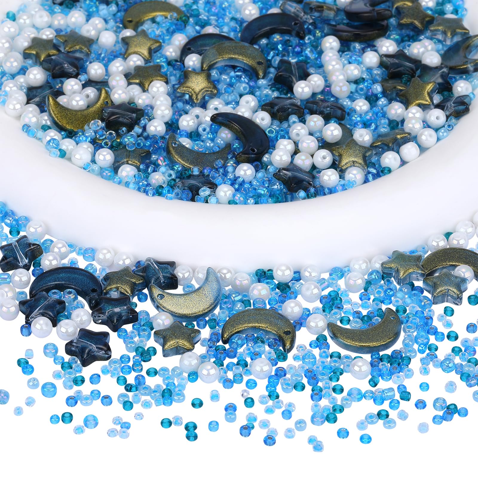 BEEFLYING 2220pcs Mixed Star Moon Shape Glass Spacer Beads Round Pearl Acrylic Beads Seed Beads for DIY Jewelry Making(Marine Blue)