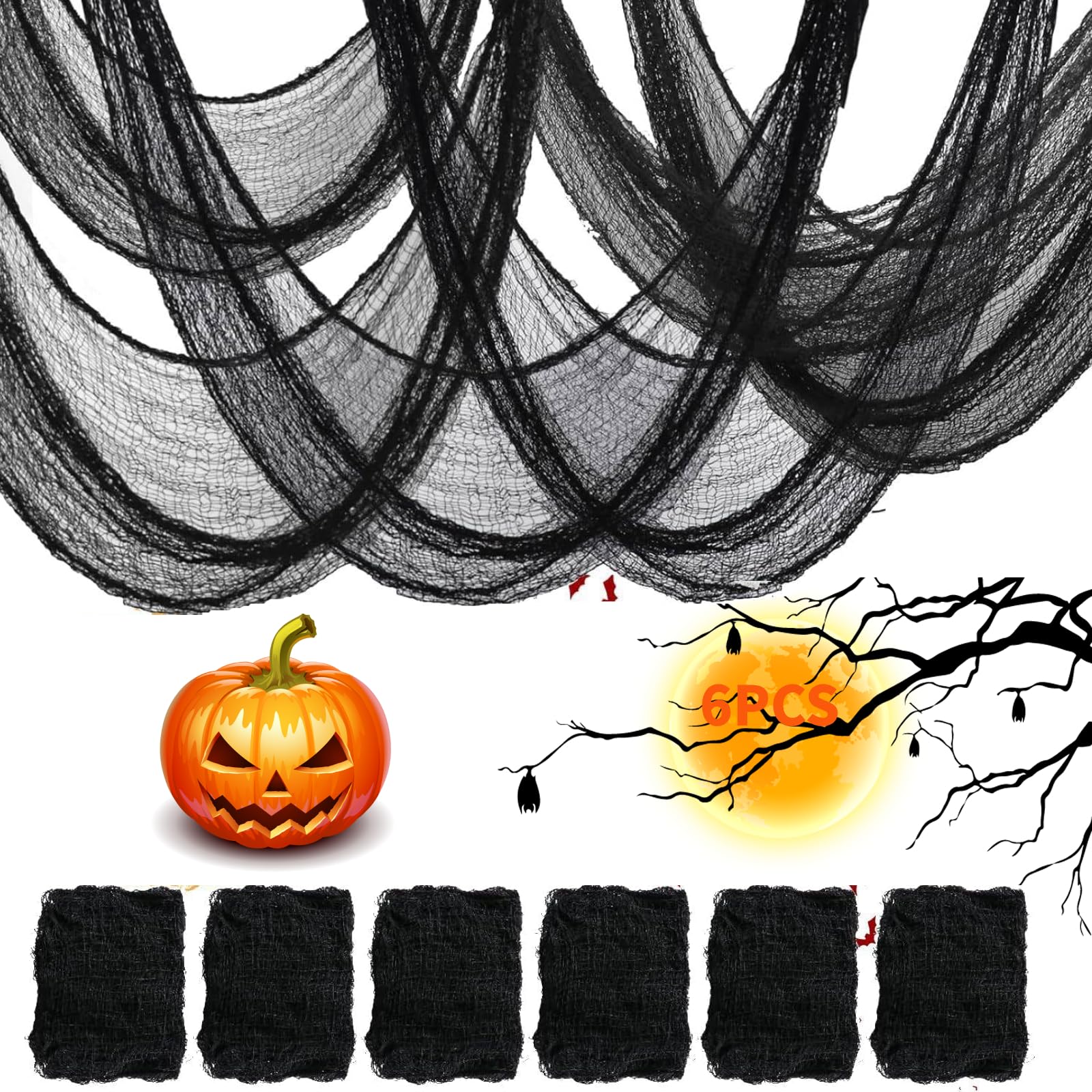 Photo 1 of AAESG 6PCS Black Creepy Cloth for Halloween Party Decorations Outdoor Indoor 30 * 72 Inch, Scary Spooky Halloween Fabric Gauze for Yard Doorways Entryways Windows Decor