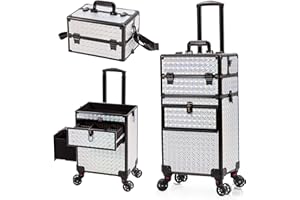AROUS Rolling Makeup Train Case with Large Drawer, Multi-functional Cosmetic Trolley with 360° Swivel Wheels Keys, Large Storage Traveling Cart Trunk, Train Cases for Nail Technicians Hairstylist